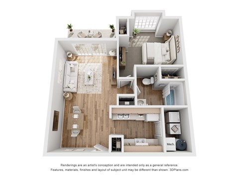Floor plan for 1 bed, 1 bath, 740 sqft